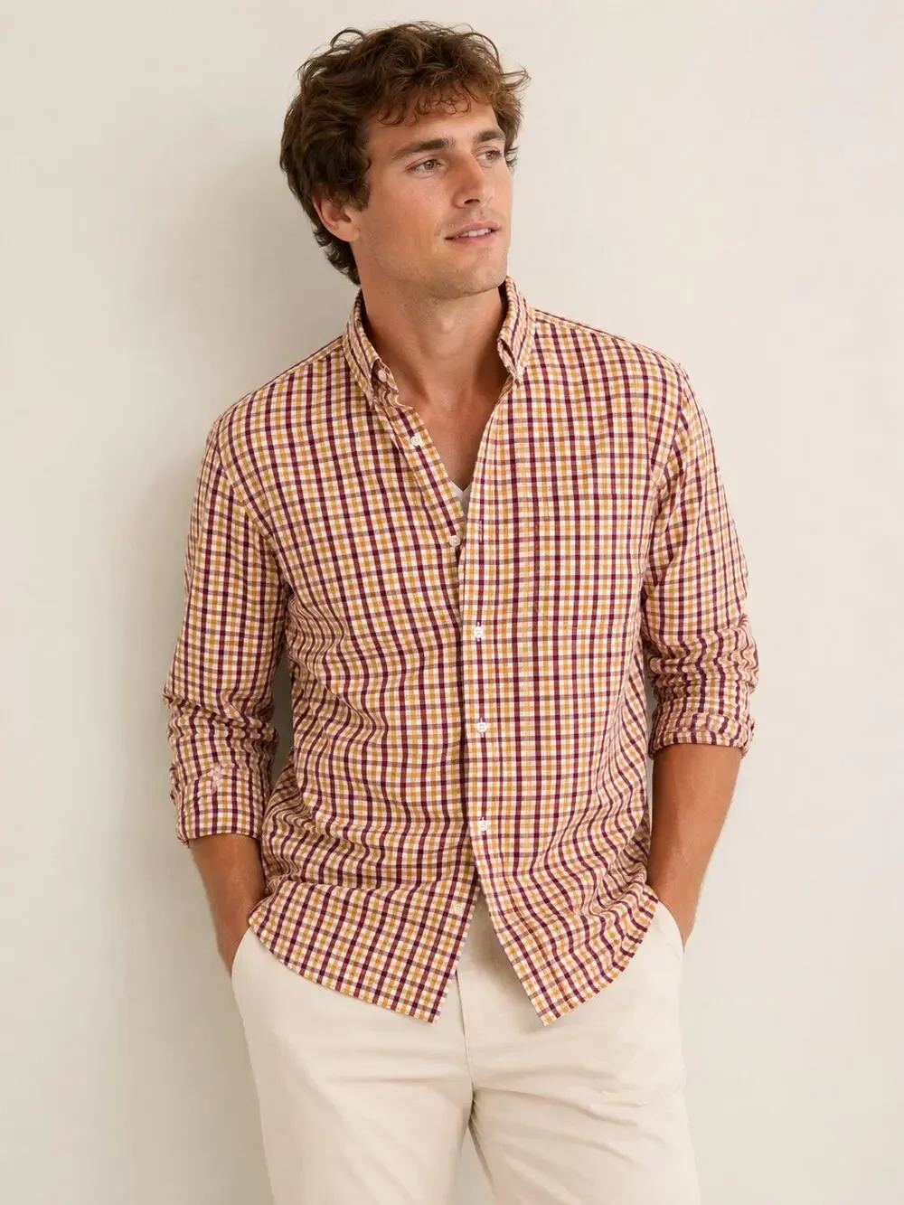 J. Crew | Men’s Yellow/Red/White Plaid 100% Cotton Woven Dress Shirt Preppy